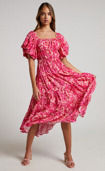 Delilah Midi Dress - Off Shoulder Puff Sleeve Tiered Dress in Pink Floral