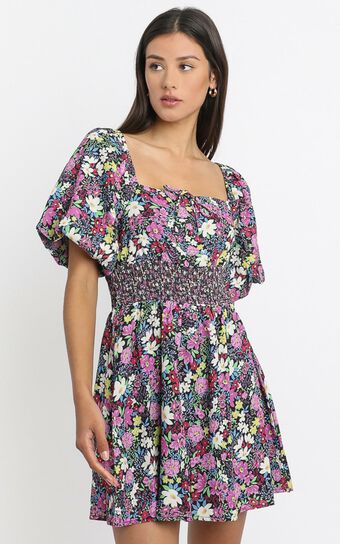 Phoebe Ruched Mini Dress in Forest Floral