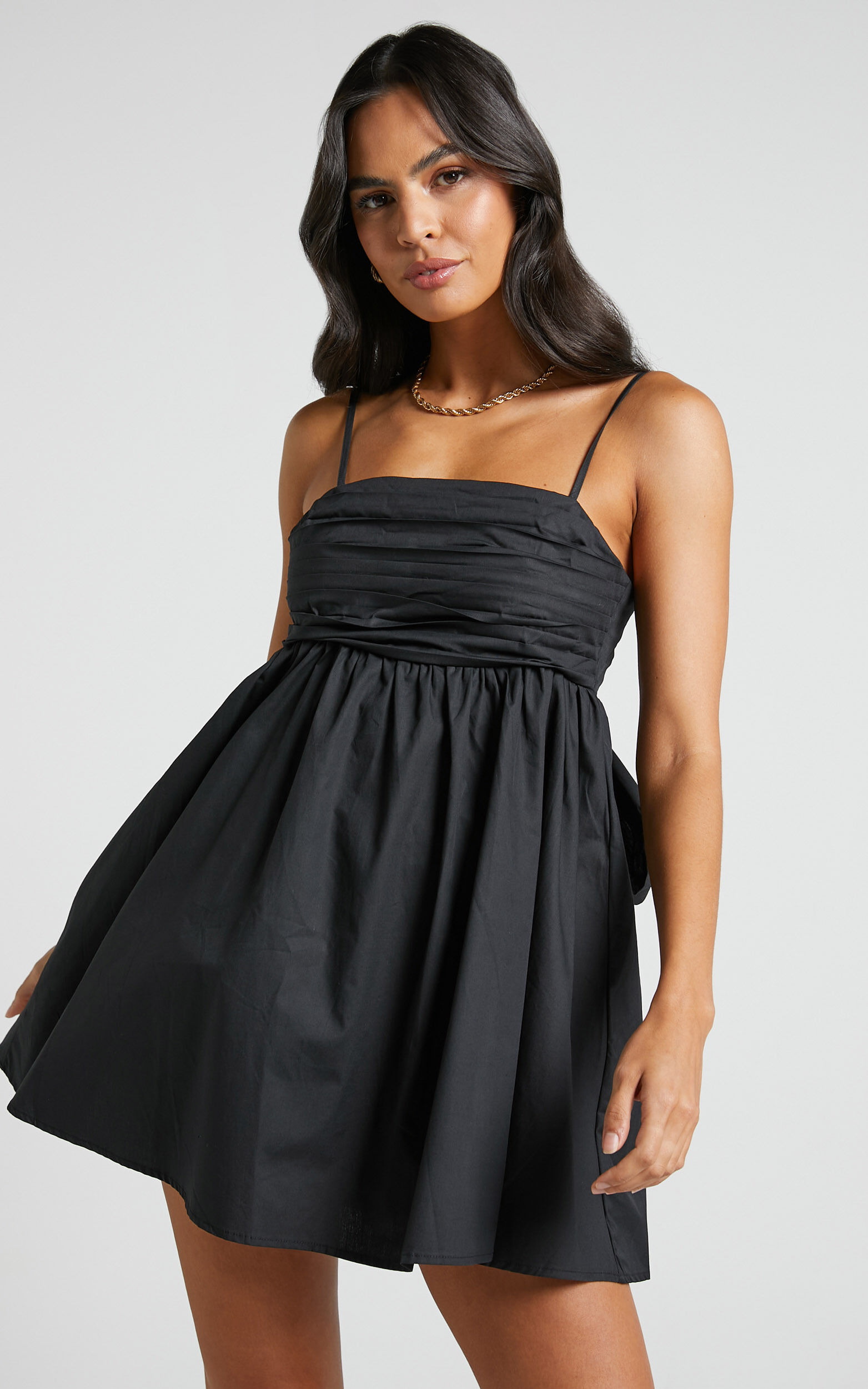 Clover Mini Dress - Back Bow Babydoll Dress in Black - 06, BLK1