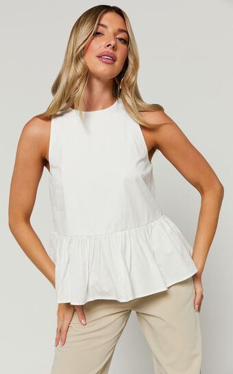 Keira Top - High Neck Frill Hem Top in Ivory