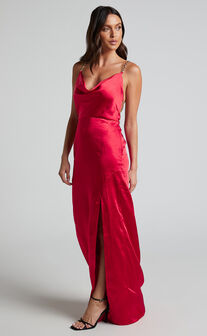 Bravia Maxi Dress - Chain Strap Open Back Satin Dress in Red