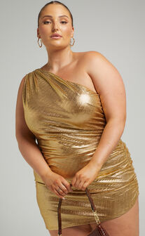 Rheasol Asymmetric One Shoulder Mini Dress in Gold
