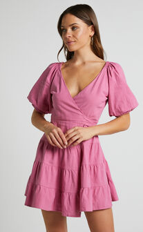 Janiellay Mini Dress - Short Puff Sleeve Wrap Dress in Pink