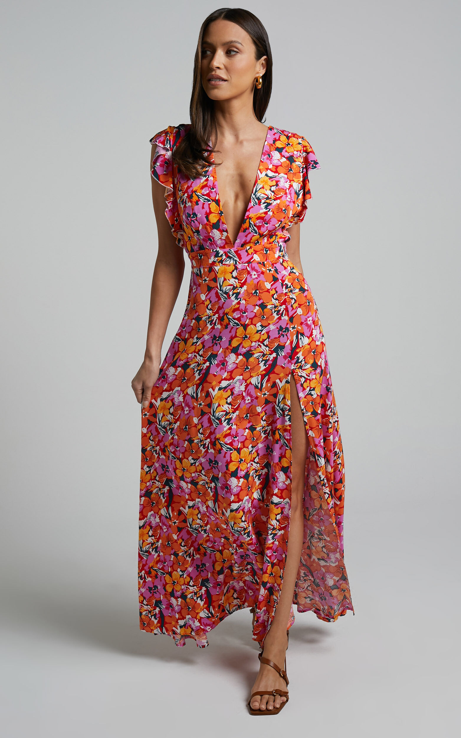 Dyliah Midaxi Dress - Thigh Split Frill Shoulder Plunge Neck Dress in Spring Floral - 06, MLT1