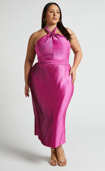 Marlette Midi Dress - Pleated Open Back Halter Dress in Grape