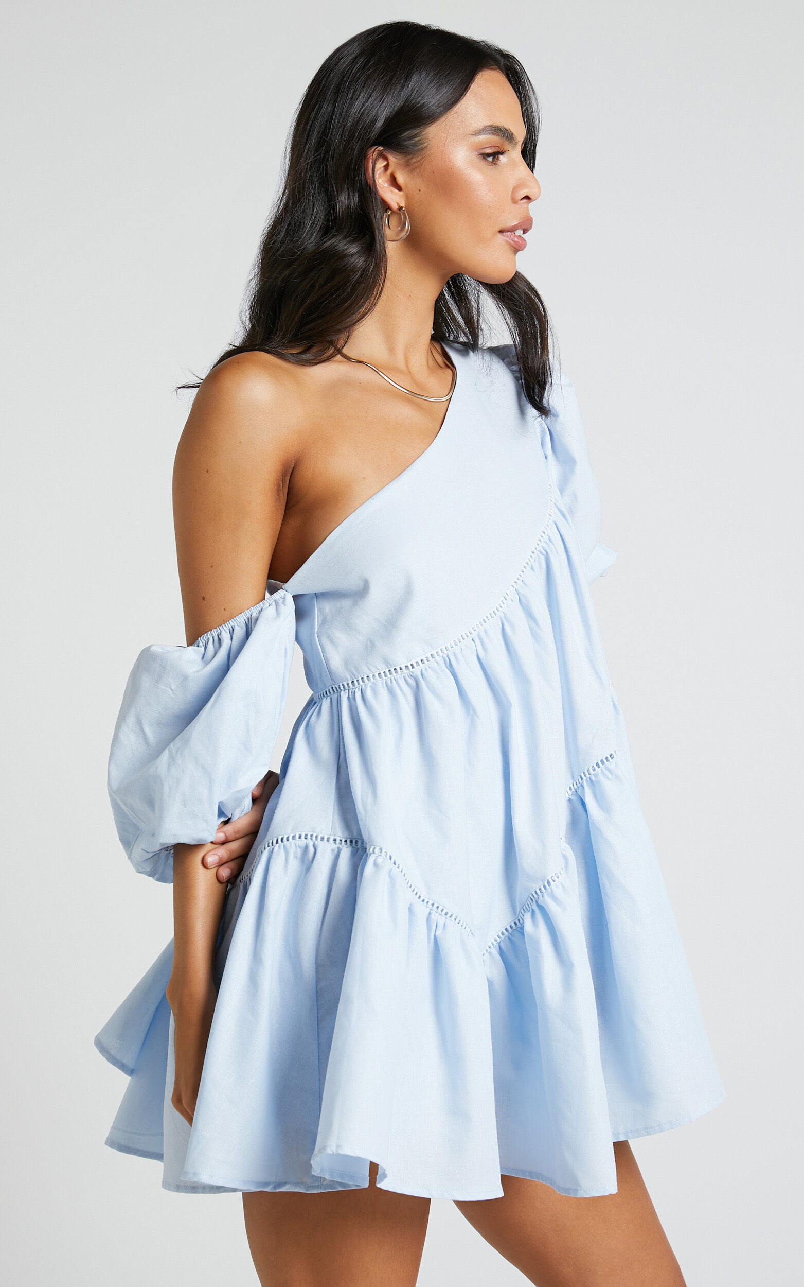 Harleen Mini Dress - Asymmetrical Trim Puff Sleeve Dress in Light Blue ...