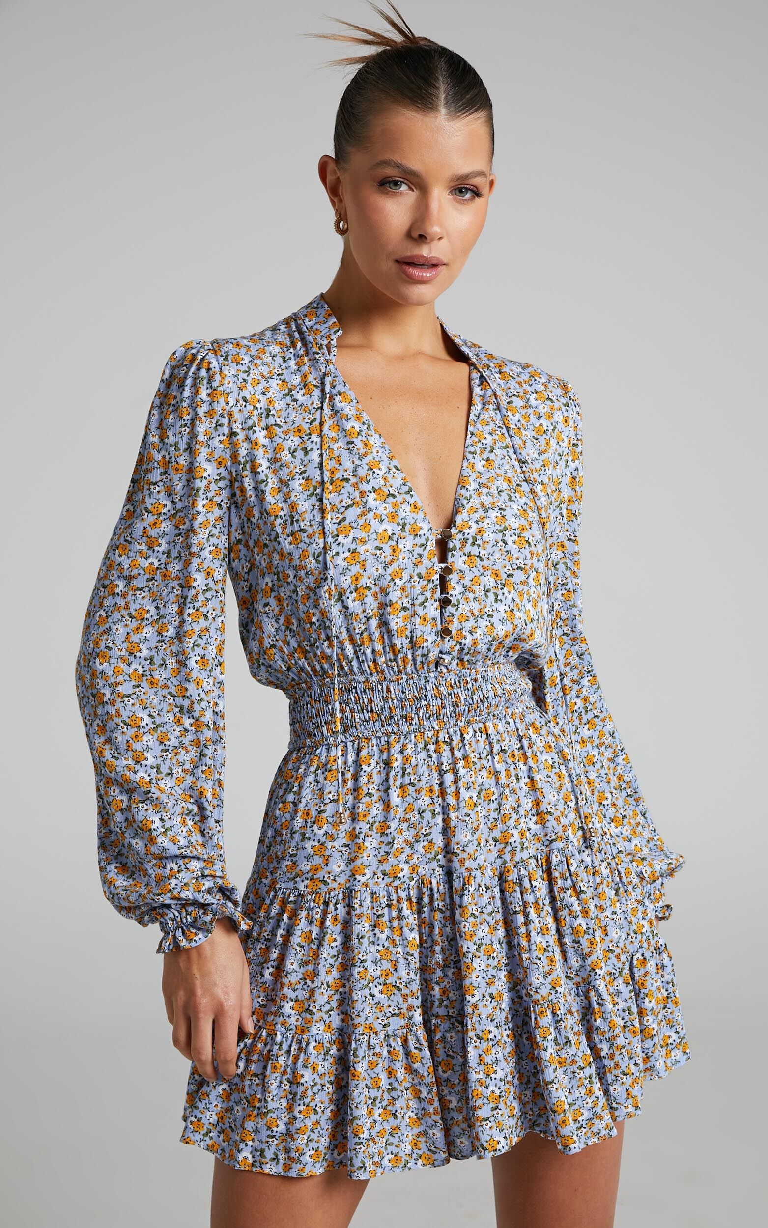 Luisella Long Sleeve Shirred Waist Mini Dress in Blue Ditsy Floral ...