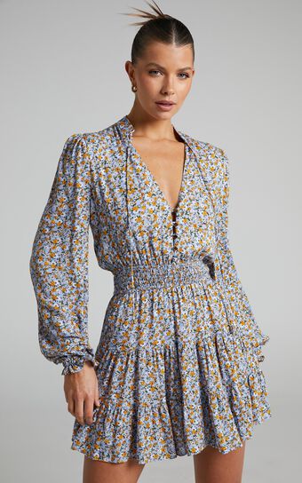 Luisella Long Sleeve Shirred Waist Mini Dress in Blue Ditsy Floral