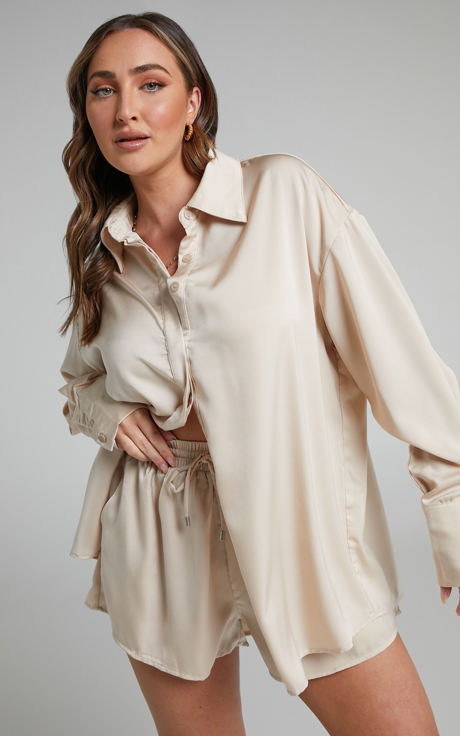 Azurine Oversized Button Up Satin Shirt in OYSTER - 06, NEU1, super-hi-res image number null