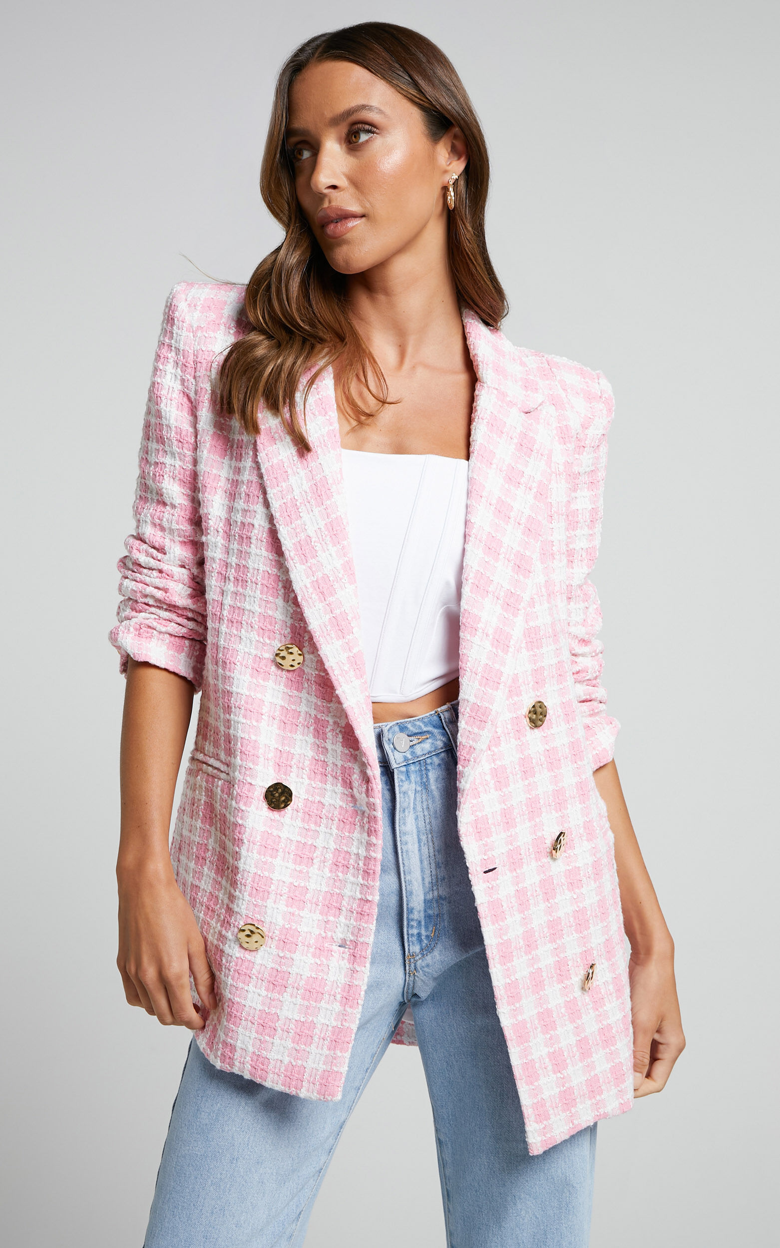 Larence Blazer - Longline Double Breasted Blazer in Pink Check - 04, PNK1, super-hi-res image number null