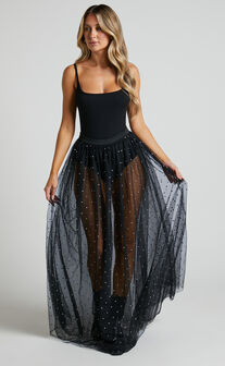 Shenelle Maxi Skirt - Glitter Tuelle Skirt in Black