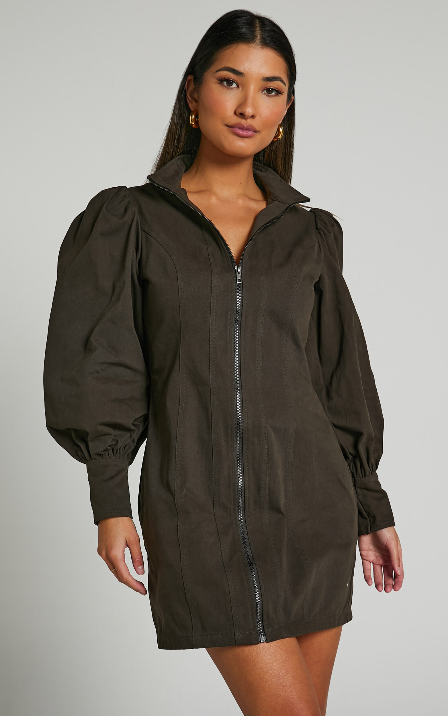 Tallis Mini Dress - Sleeve Zip Front Dress in Dark Charcoal - 04, GRY1
