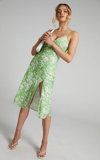 Sabrine Printed Midi Slip with Split Dress in Whispering Floral