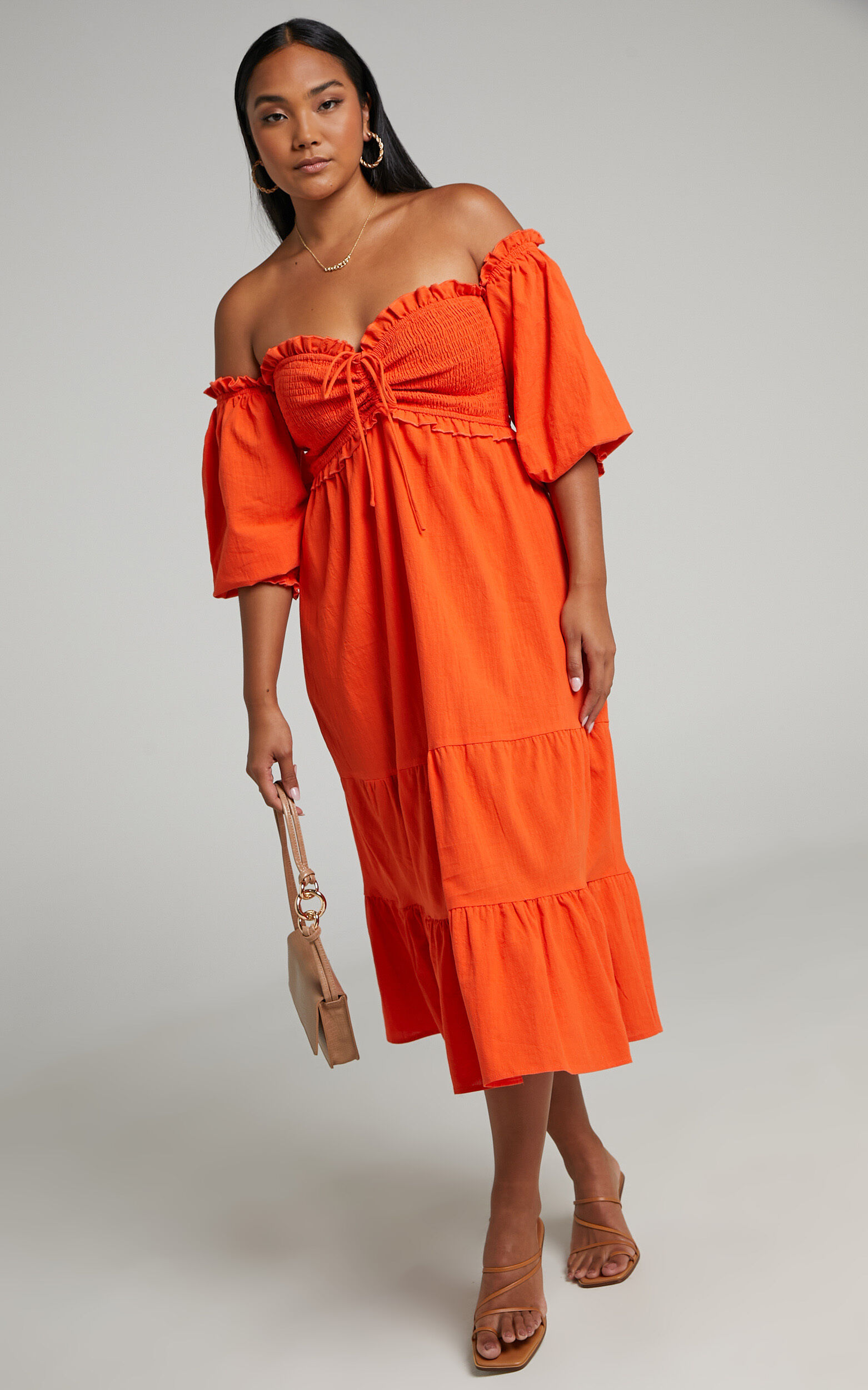Nikka Shirred Off Shoulder Puff Sleeve Midi Dress in Oxy Fire - 06, ORG1, super-hi-res image number null