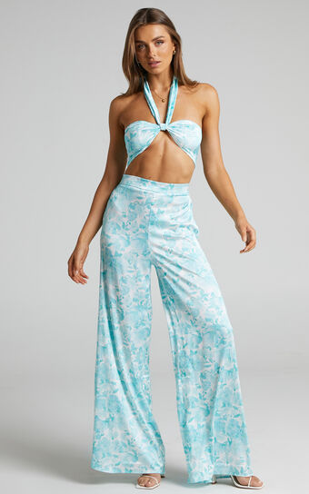 Monalisa Tie Front Crop Top and Palazzo Pants Two Piece Set in Blue Lagoon