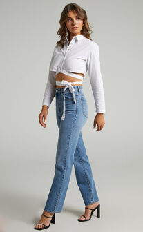 Barby collared cropped Top with tie waist in White