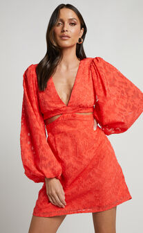 Aryana Mini Dress - Puff Sleeve Bodice Cut-Out Dress in Coral