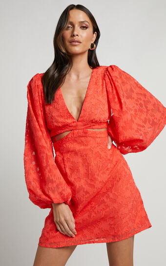 Aryana Mini Dress - Puff Sleeve Bodice Cut-Out Dress in Coral