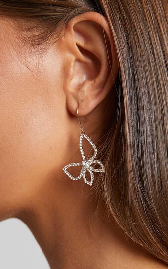 Eilonwy Diamante Butterfly Drop Earrings in Gold
