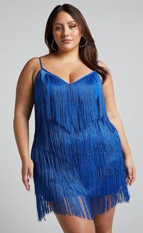 Siofra Mini Dress - Zig Zag Fringe Dress in Cobalt Blue
