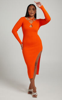Vallery Ribbed Long Sleeve Halter Neck Midi Dress in Orange