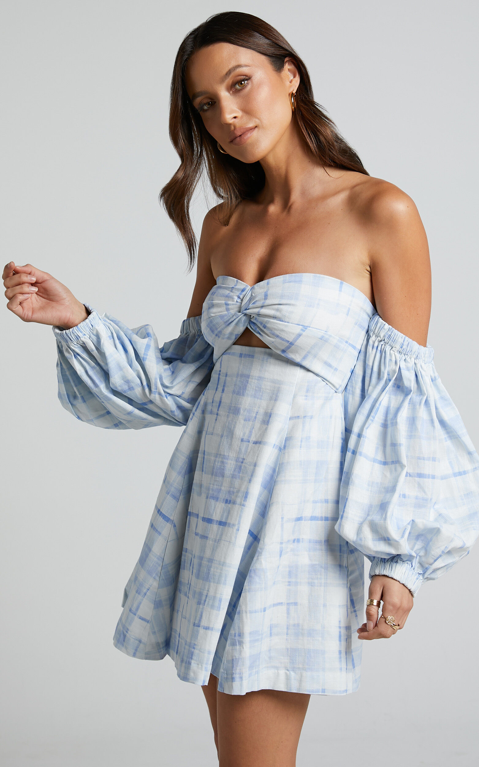 in Label Puff USA Off Dress Check - The Amalie Sleeve Blend Showpo | Chieti Emerita Twist Linen Shoulder Blue Mini
