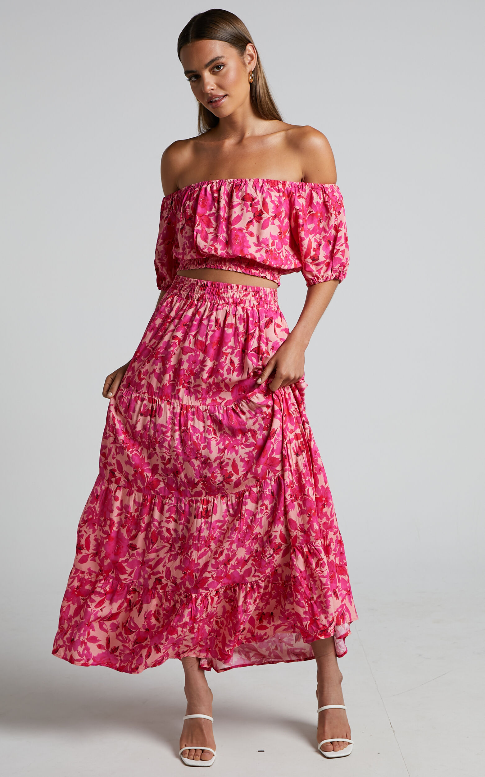 Lydia Skirt - Tiered Maxi Skirt in Pink Floral - 06, PNK2, super-hi-res image number null