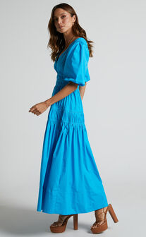 Mellie Midaxi Dress - Puff Sleeve Plunge Tiered Dress in Blue