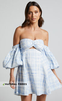 Amalie The Label - Emerita Off Shoulder Puff Sleeve Twist Mini Dress in Chieti Check Blue