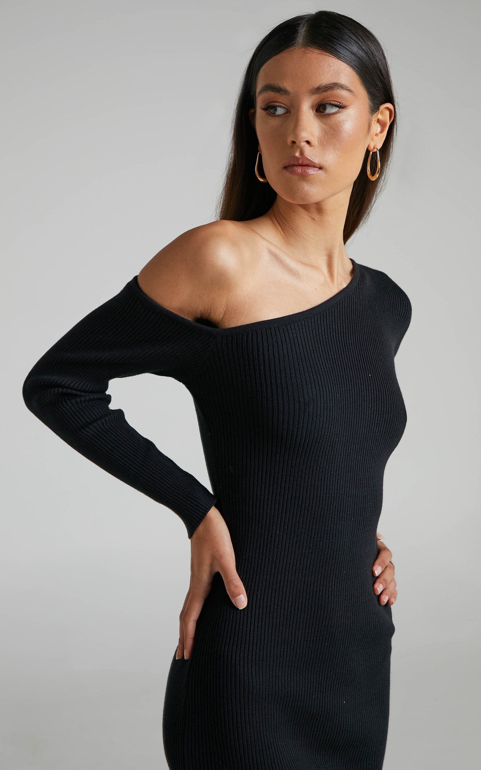 Mylane Off Shoulder Long Sleeve Knit Midi Dress in Black - L, BLK1, super-hi-res image number null
