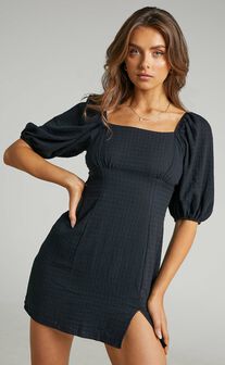Electric Babe Square Neck Puff Sleeve Mini Dress in Black