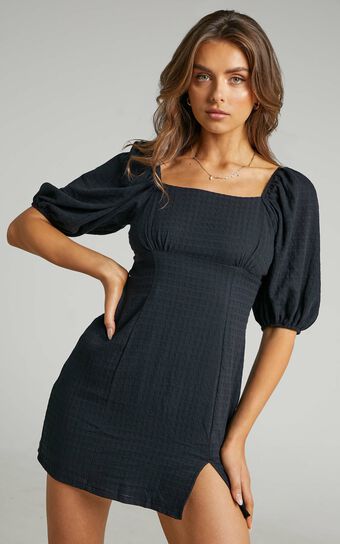 Electric Babe Square Neck Puff Sleeve Mini Dress in Black