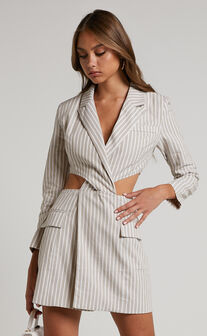 Romlene Blazer Dress - Cut Out Mini Blazer Dress in Natural Stripe