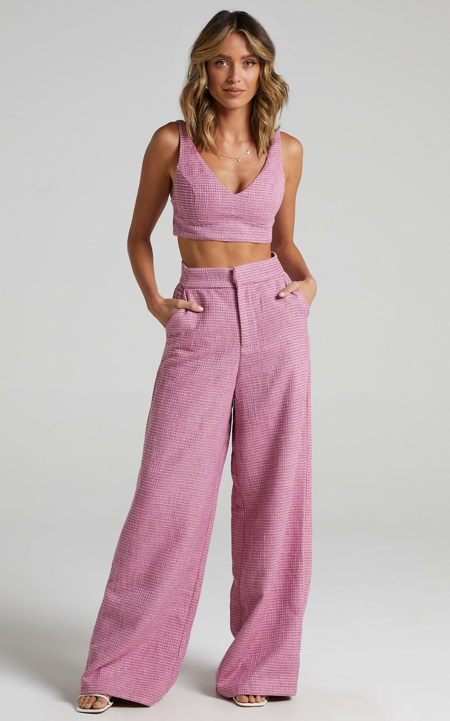 Adelaide Two Piece Set - Crop Top and Wide Leg Pants Set in Pink - 06, PNK2