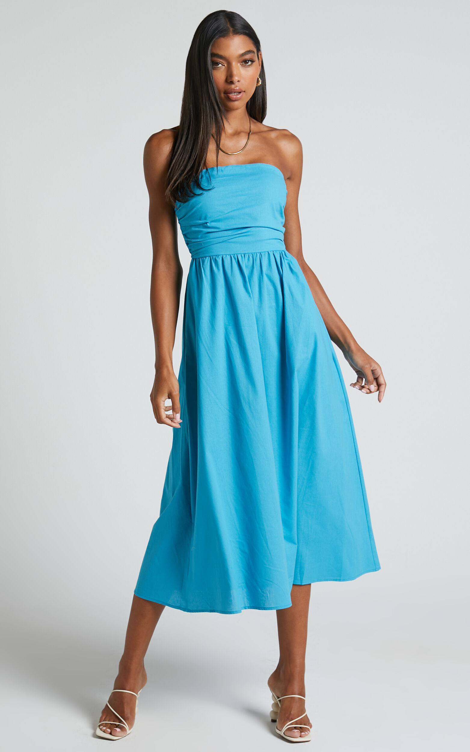 Isidora Midi Dress - Strapless Gathered Bust Dress in Blue - 06, BLU1, super-hi-res image number null