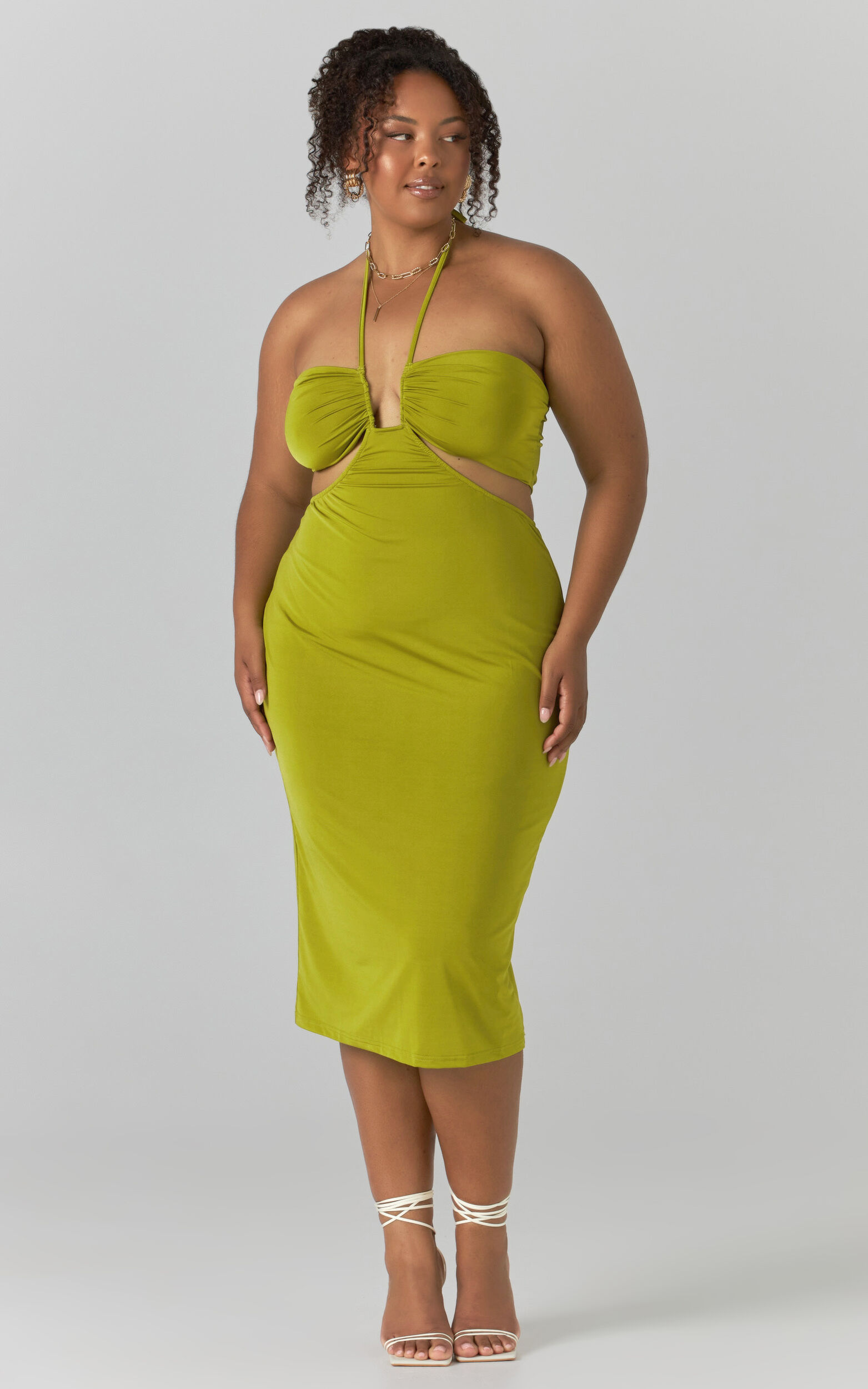 Heath Cut Out Halter Neck Midi Dress in Chartreuse - 04, YEL1, super-hi-res image number null
