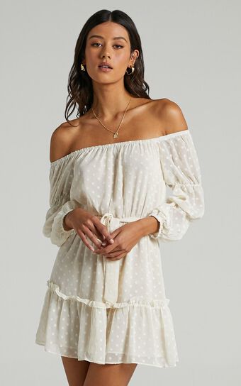 Party Life Off Shoulder Mini Dress in Cream