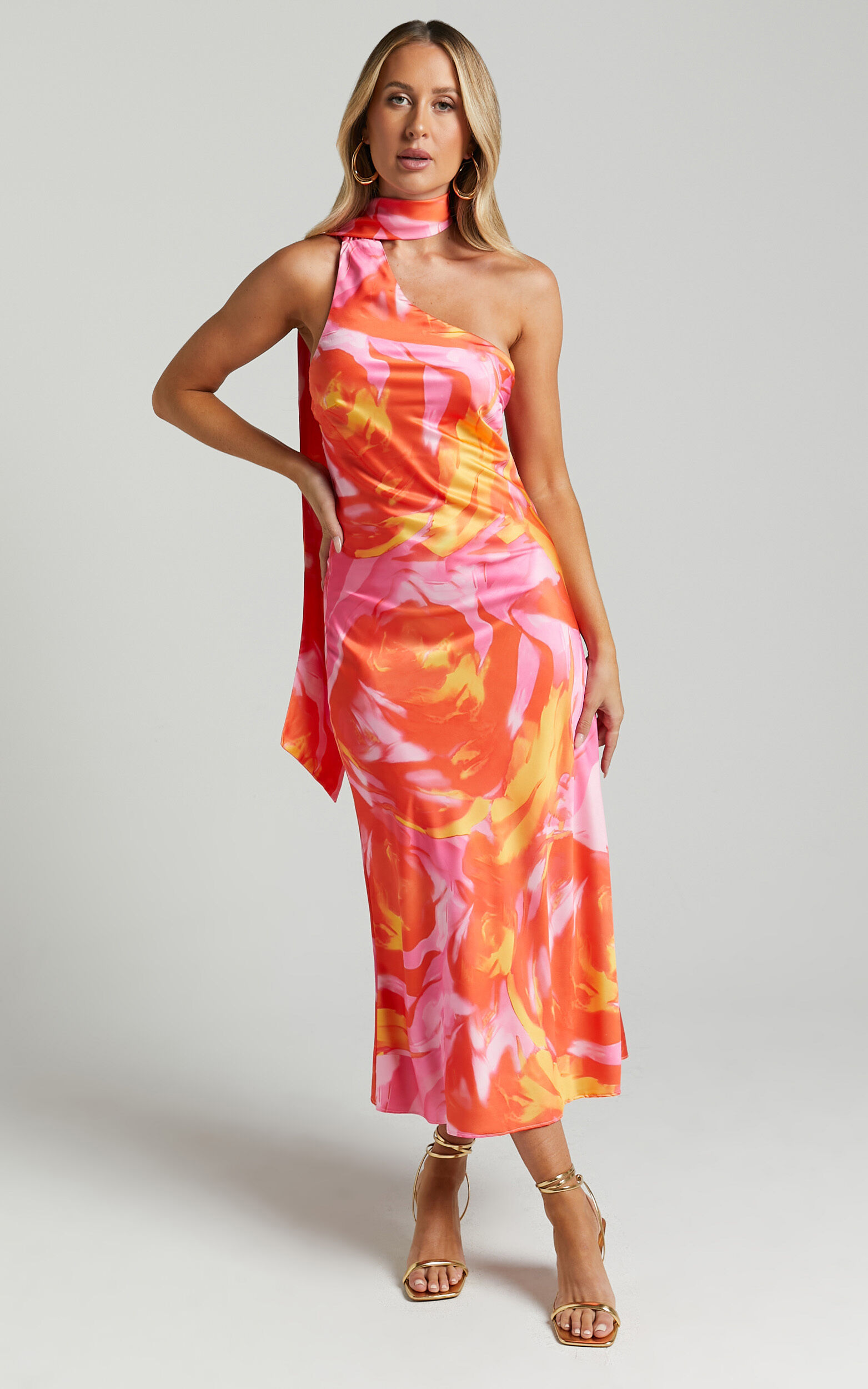 Sophia Midi Dress - Asymmetrical Neck Tie Satin Dress in Pink Swirl - 06, PNK1