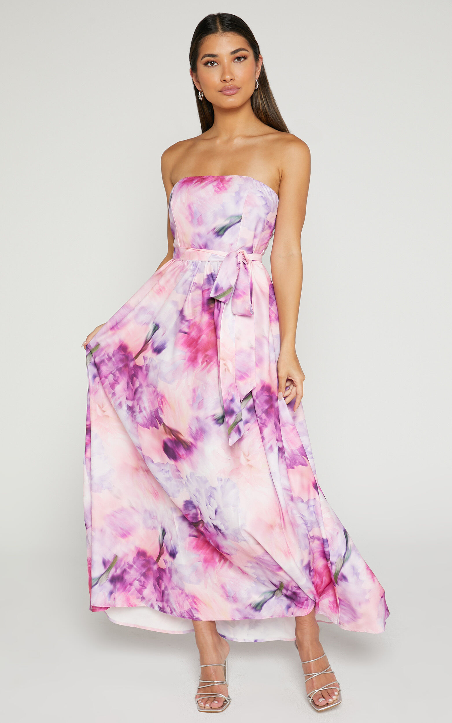 Valena Midi Dress - Strapless Fit and Flare in Monet Floral - 04, WHT1