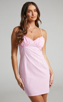 Jordonia Mini Dress - Gathered Bust Cotton Dress in Pink