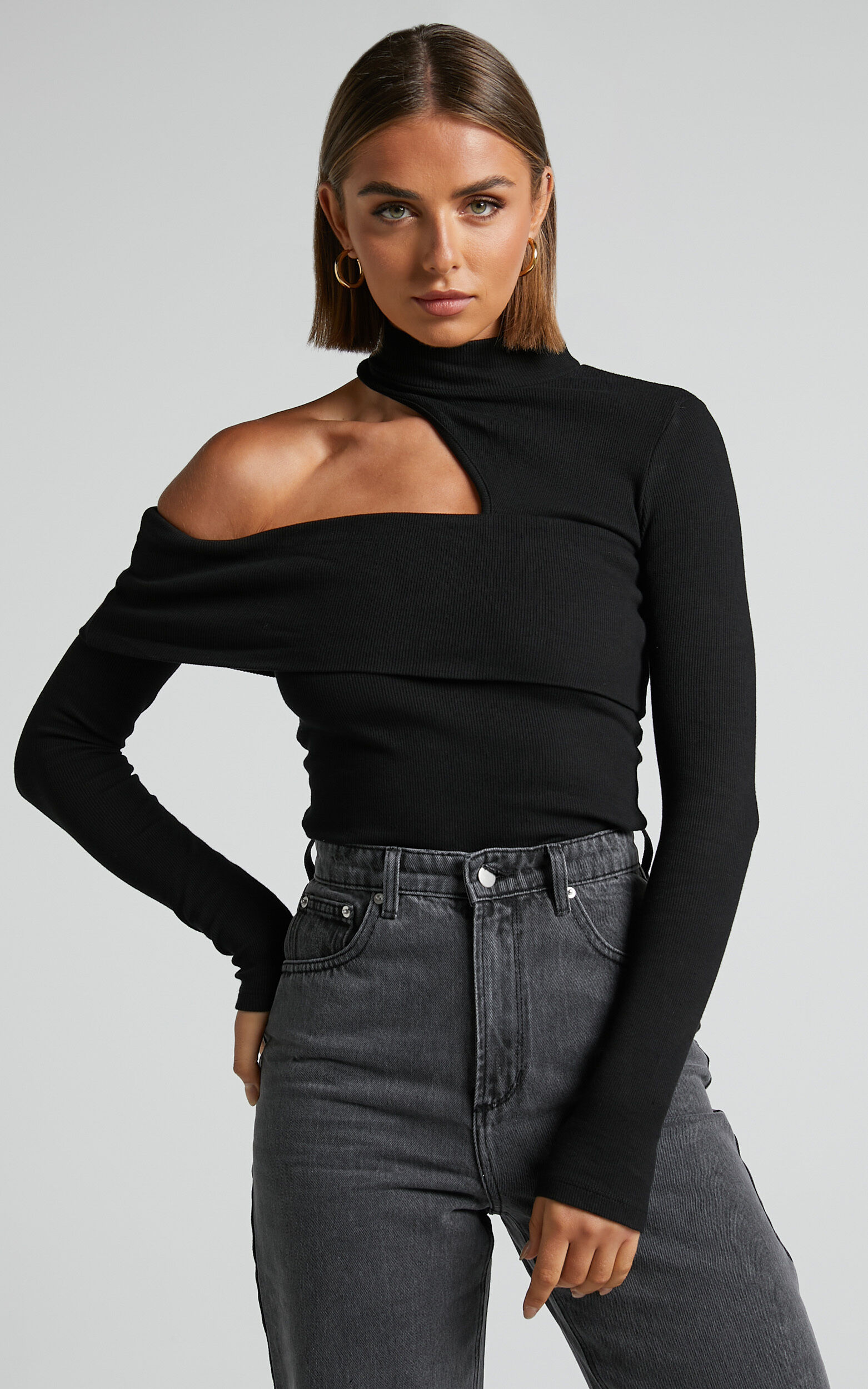 Kiefer Asymmetric Long Sleeve Cutout Top in Black - 06, BLK1, super-hi-res image number null