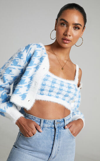 Darshni Cardigan Two Piece Set in Blue Check