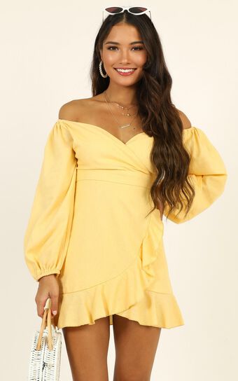 Cant Move On Off Shoulder Mini Dress in Lemon Linen Look