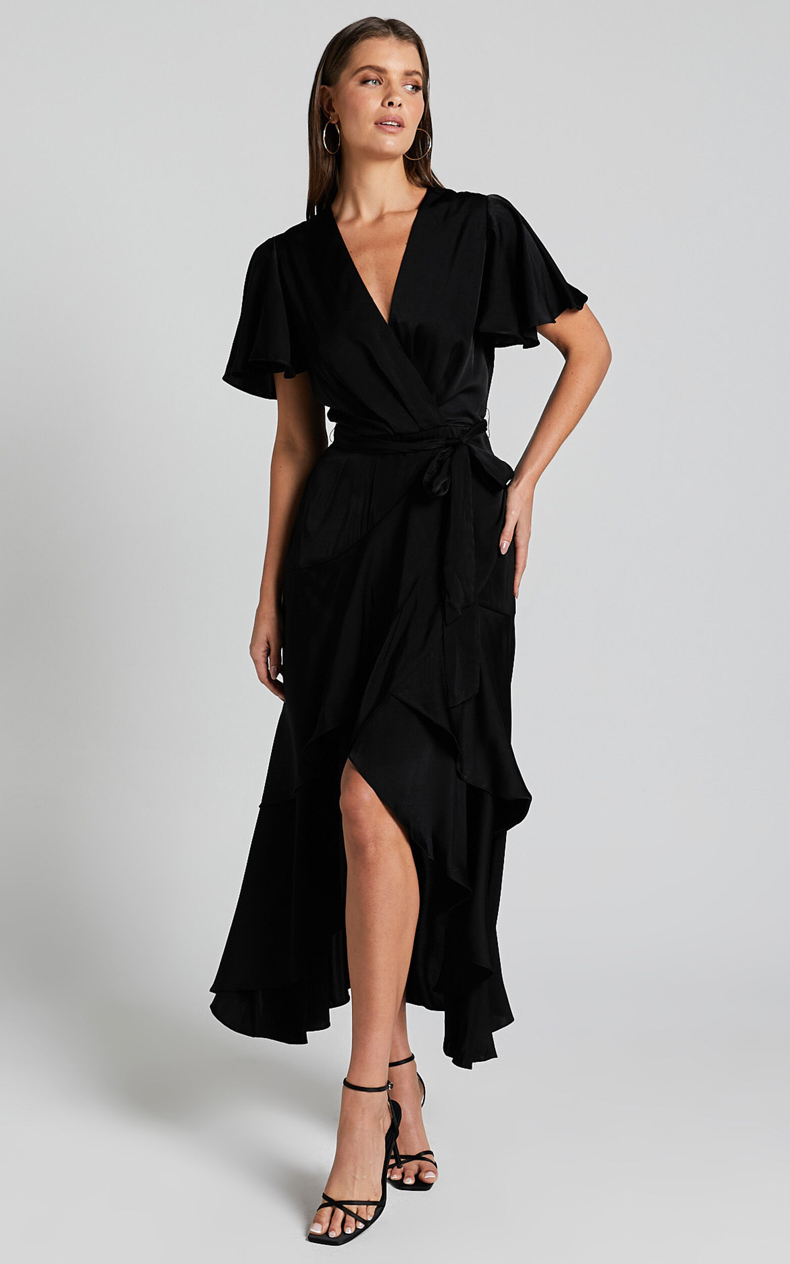 Glena Midi Dress - V Neck Short Flutter Sleeve Wrap in Black - 04, BLK1