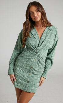 Jimmie Twist Front Long Sleeve Shirt Mini Dress in Green Check
