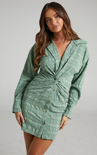 Jimmie Twist Front Long Sleeve Shirt Mini Dress in Green Check