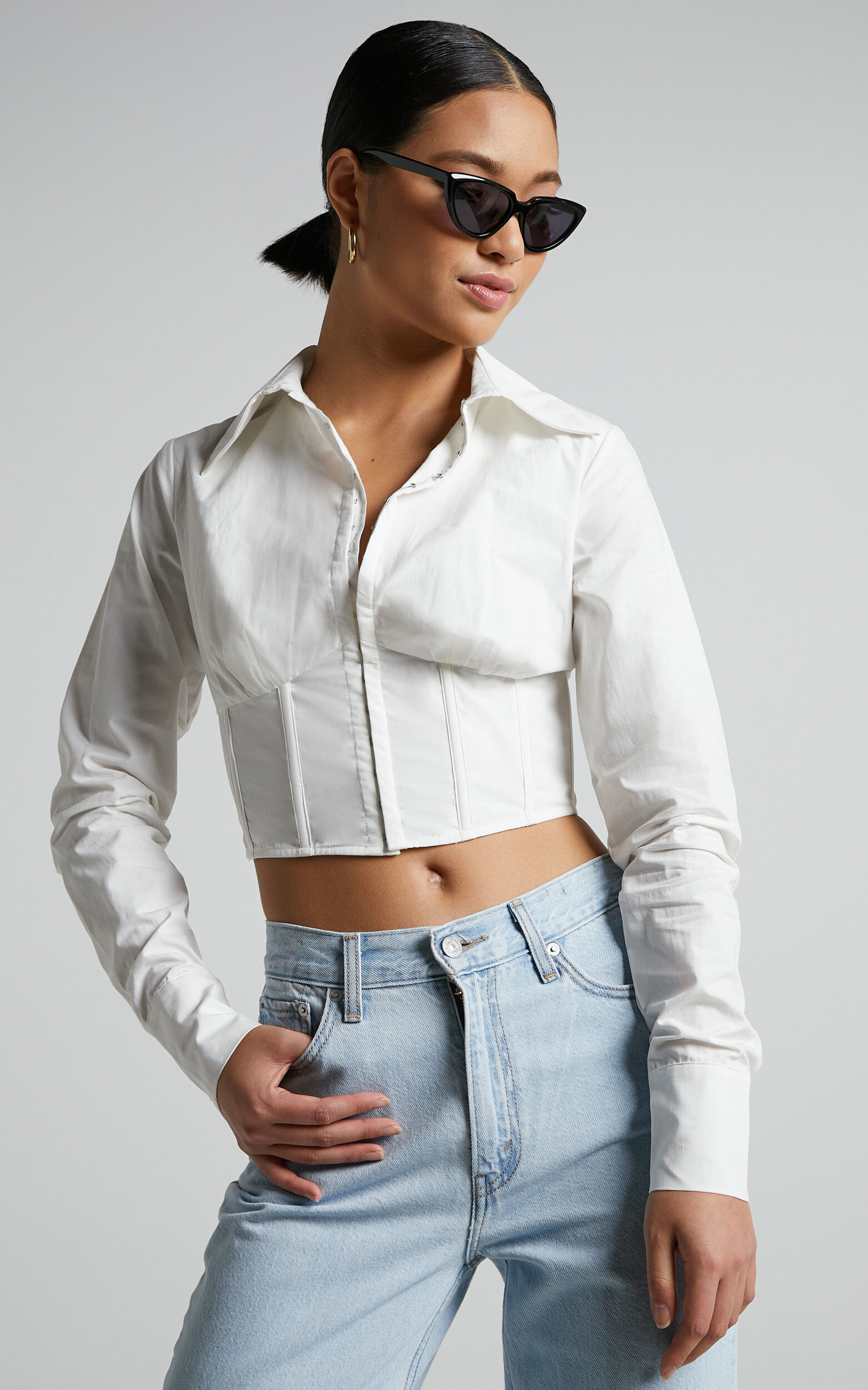 Elenina Shirt - Corset Waist Cropped Shirt in White - 04, WHT1, super-hi-res image number null