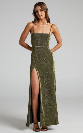 Rheannon Midaxi Dress - Split  Mesh Dress in Gold