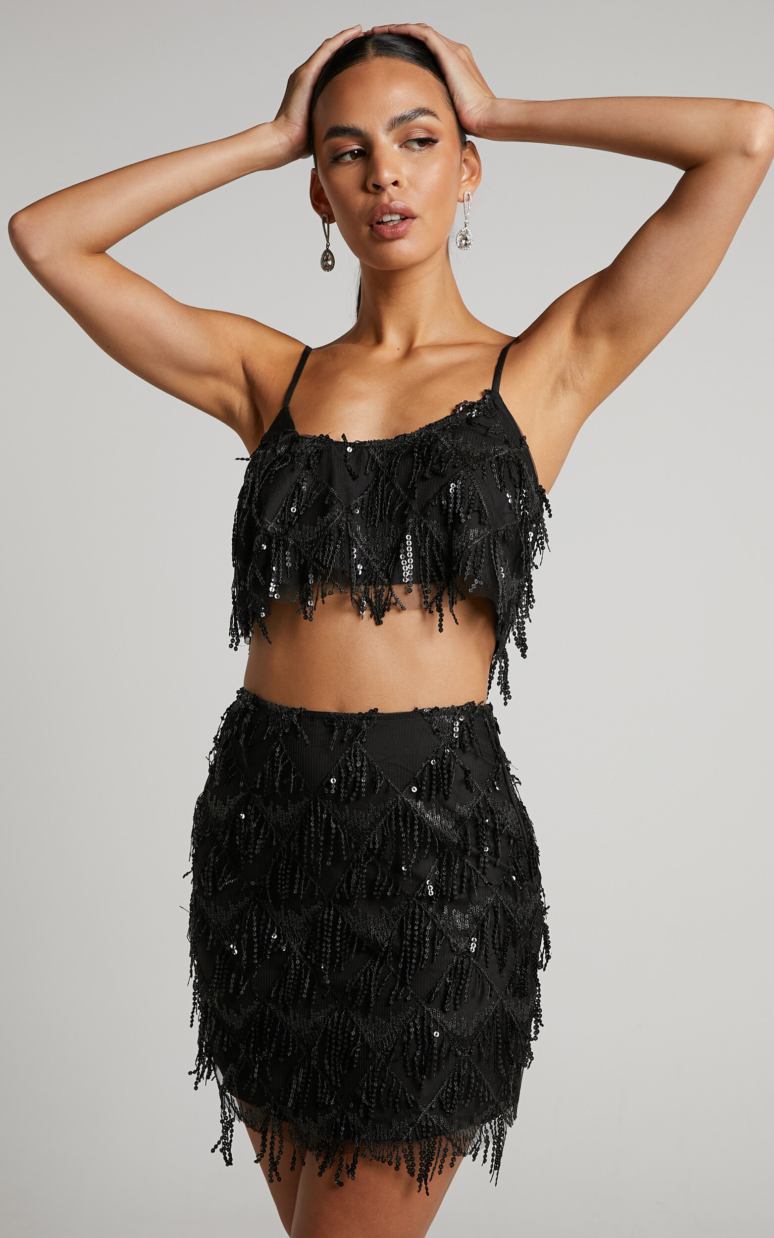 Khrizza Top - Sequin Diamond Mesh Cropped Cami Top in Black - 06, BLK1, super-hi-res image number null