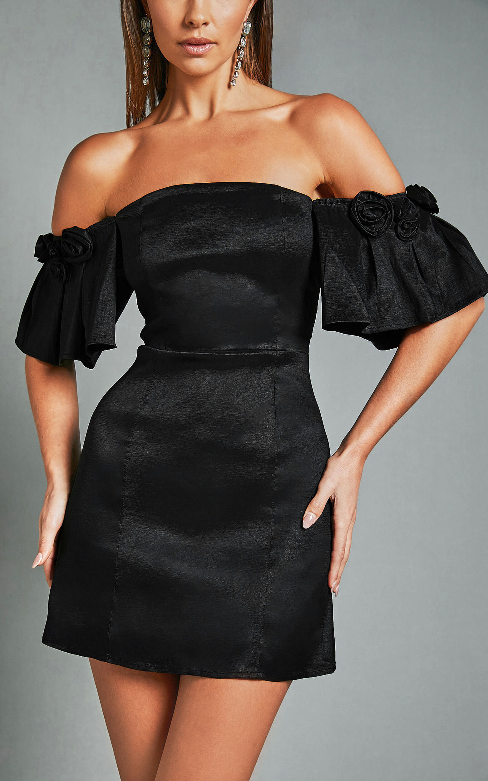 Shauna Mini Dress - Off Shoulder Rosette Detail A Line in Black - 06, BLK1